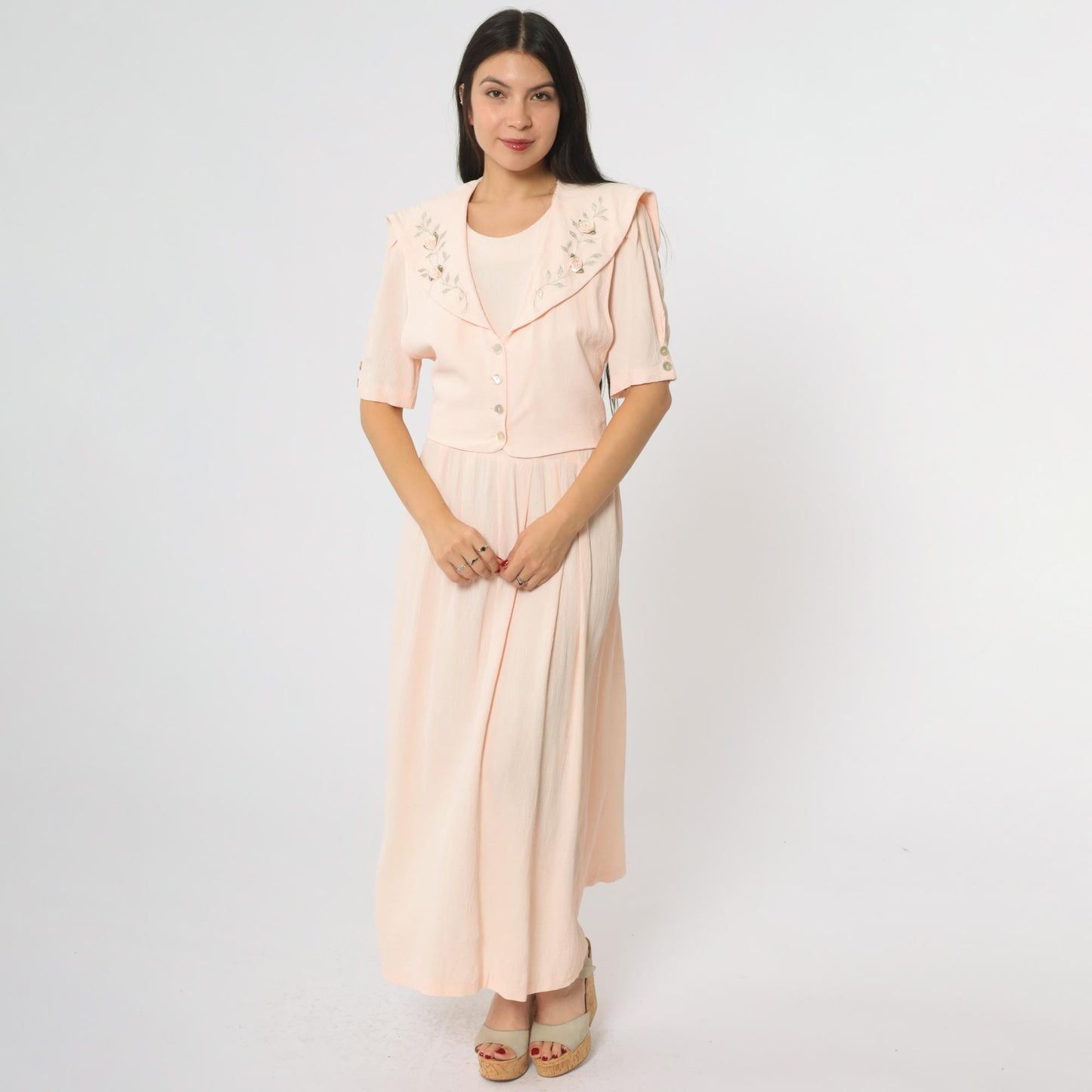 90s JBS LTD Rose Embroidered Maxi Dress Blush Pink Puff Sleeve Large