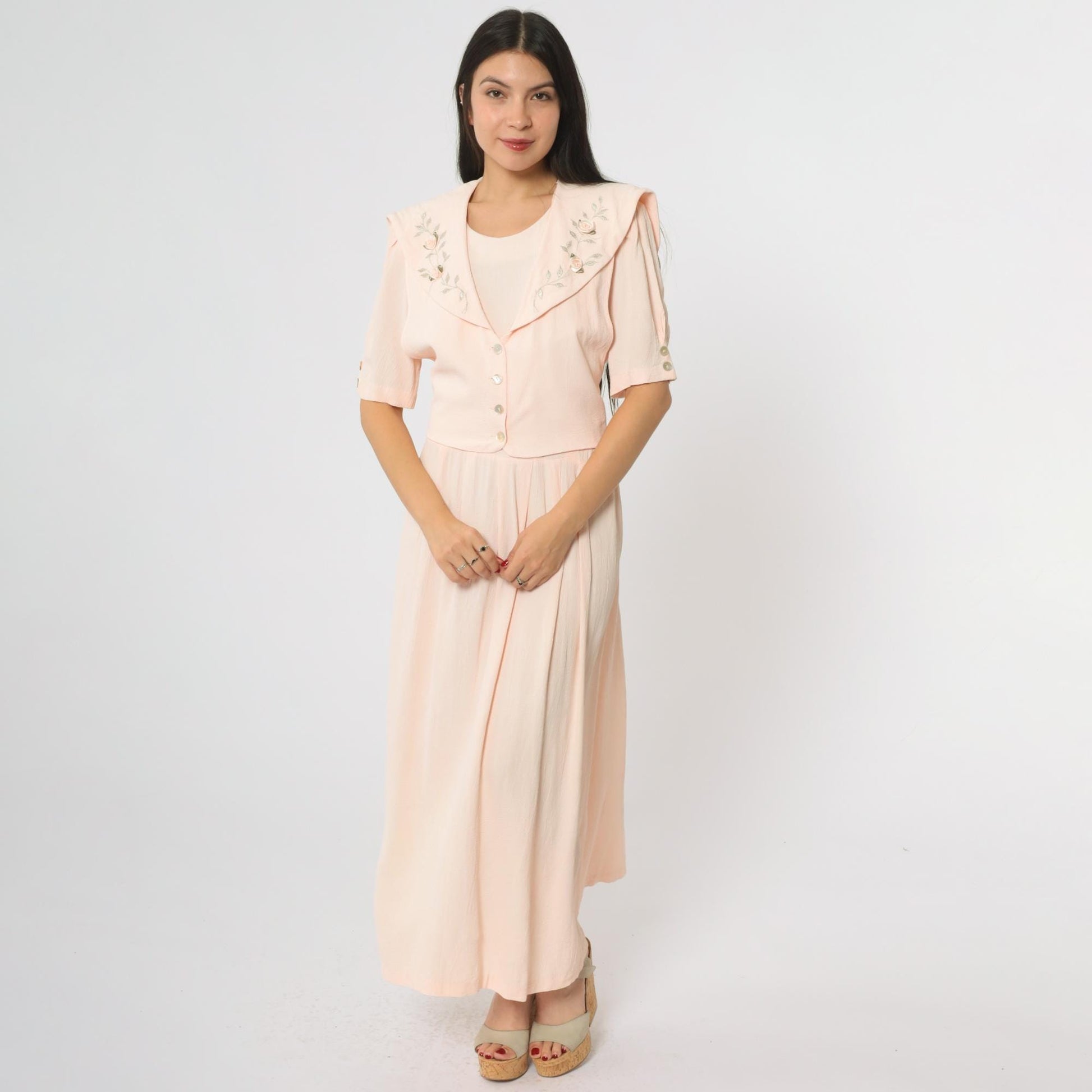 90s JBS LTD Rose Embroidered Maxi Dress Blush Pink Puff Sleeve Large