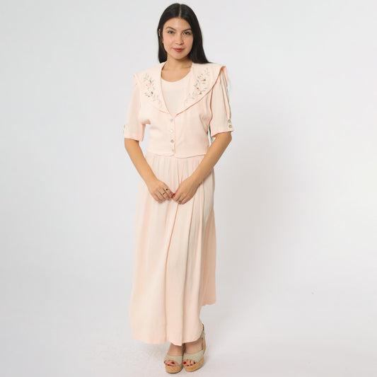90s JBS LTD Rose Embroidered Maxi Dress Blush Pink Puff Sleeve Large