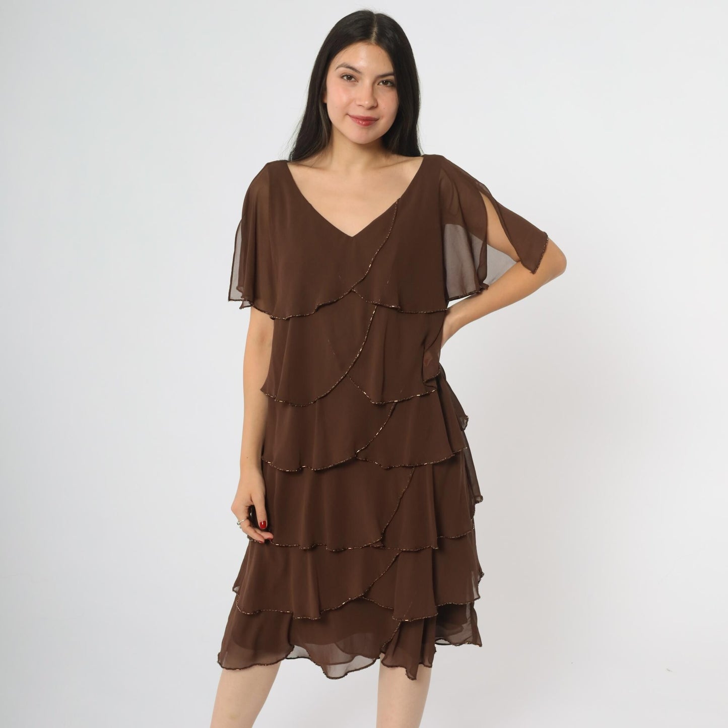 Y2K Patra Chocolate Brown Tiered Midi Dress Beaded Flutter Sleeves Large