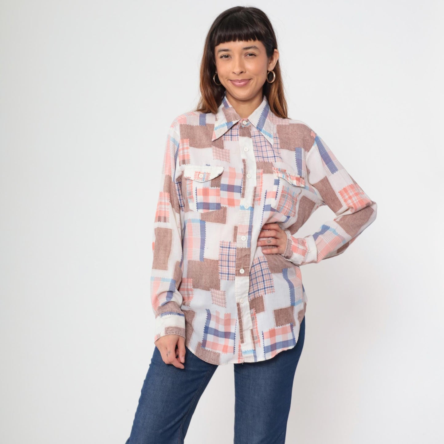 70s Patchwork Button Up Shirt Fabric Swatch Quilt Print Coral Blue Brown Large