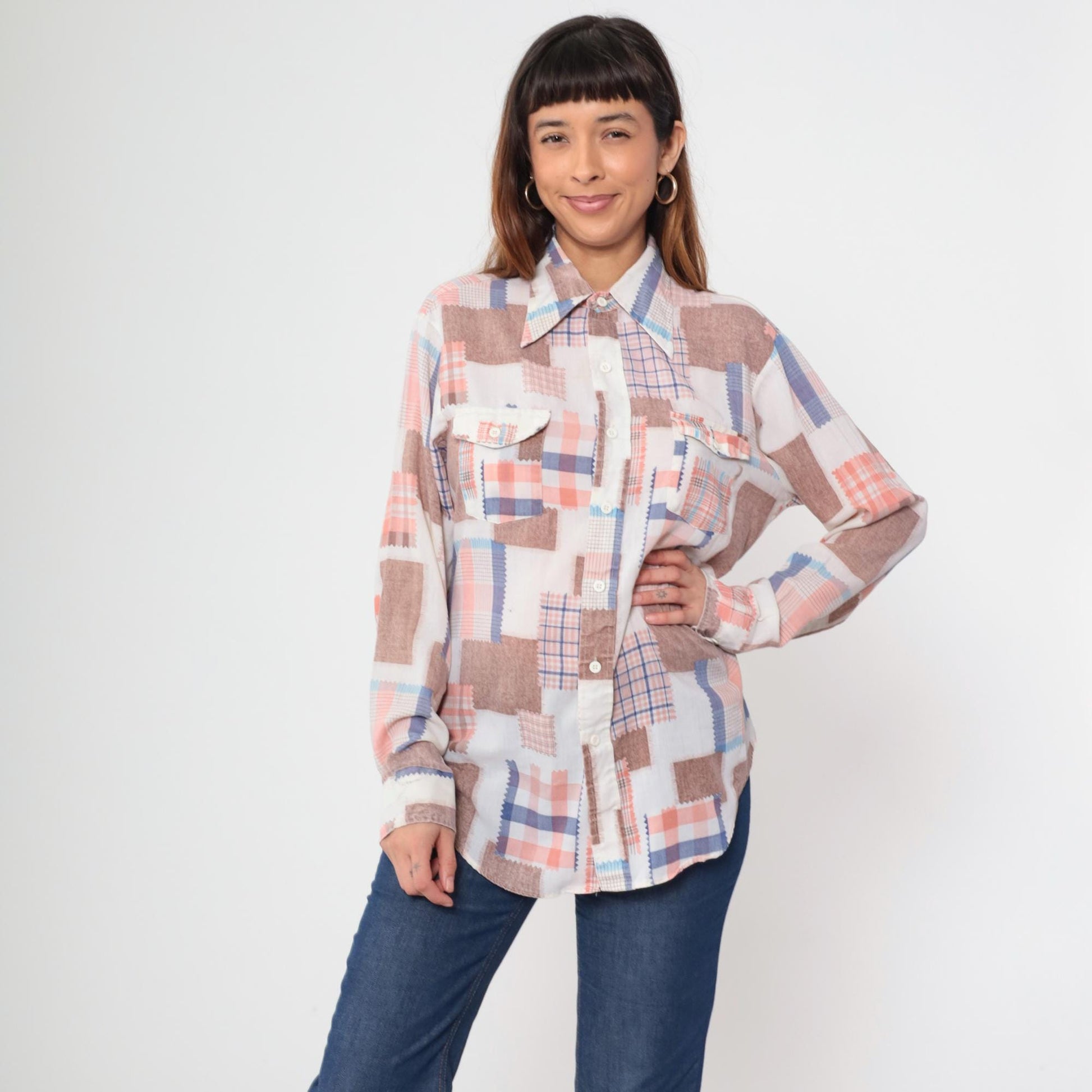 70s Patchwork Button Up Shirt Fabric Swatch Quilt Print Coral Blue Brown Large