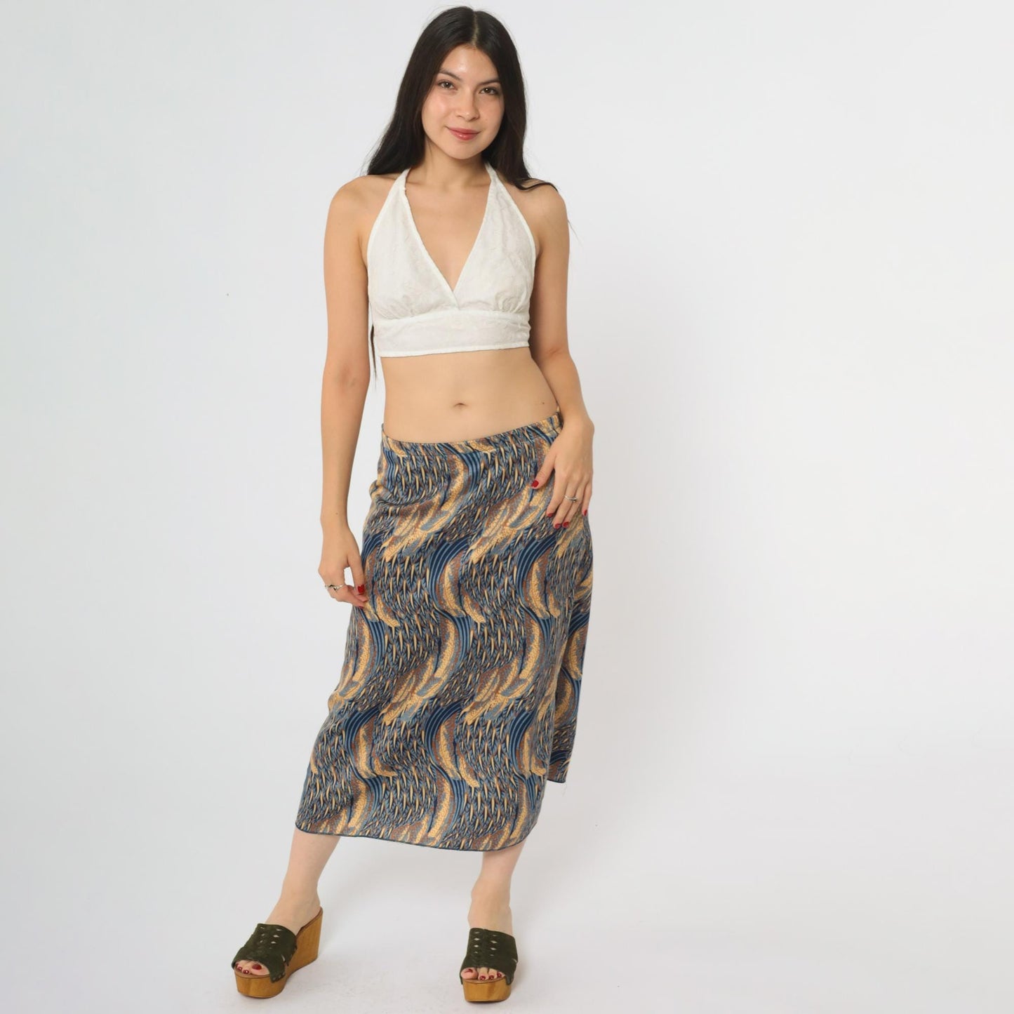 70s Abstract Midi Skirt Blue Gold Swirl Elastic Waist Medium M