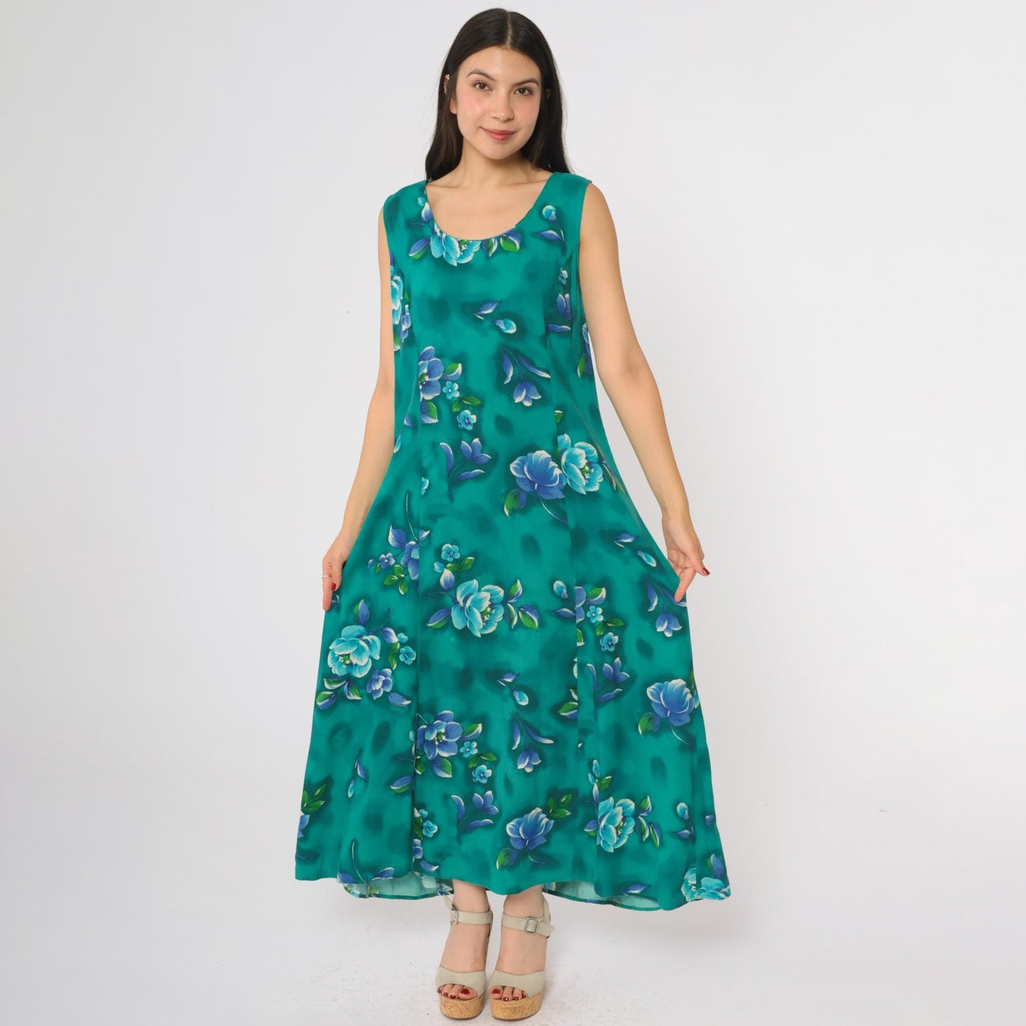 90s Emerald Green Floral Maxi Dress Sleeveless Scoop Neck Large