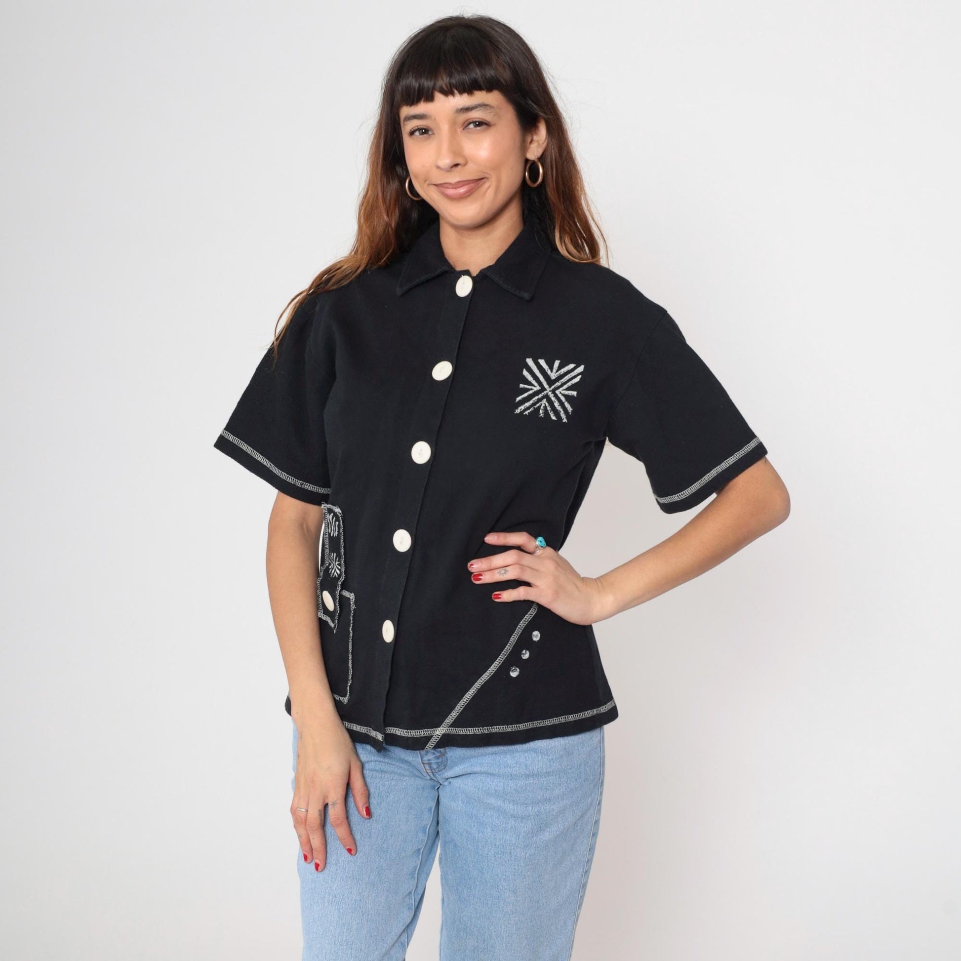 90s On The Rocks Black Button-Up Shirt White Stitching Southwest Geometric Small