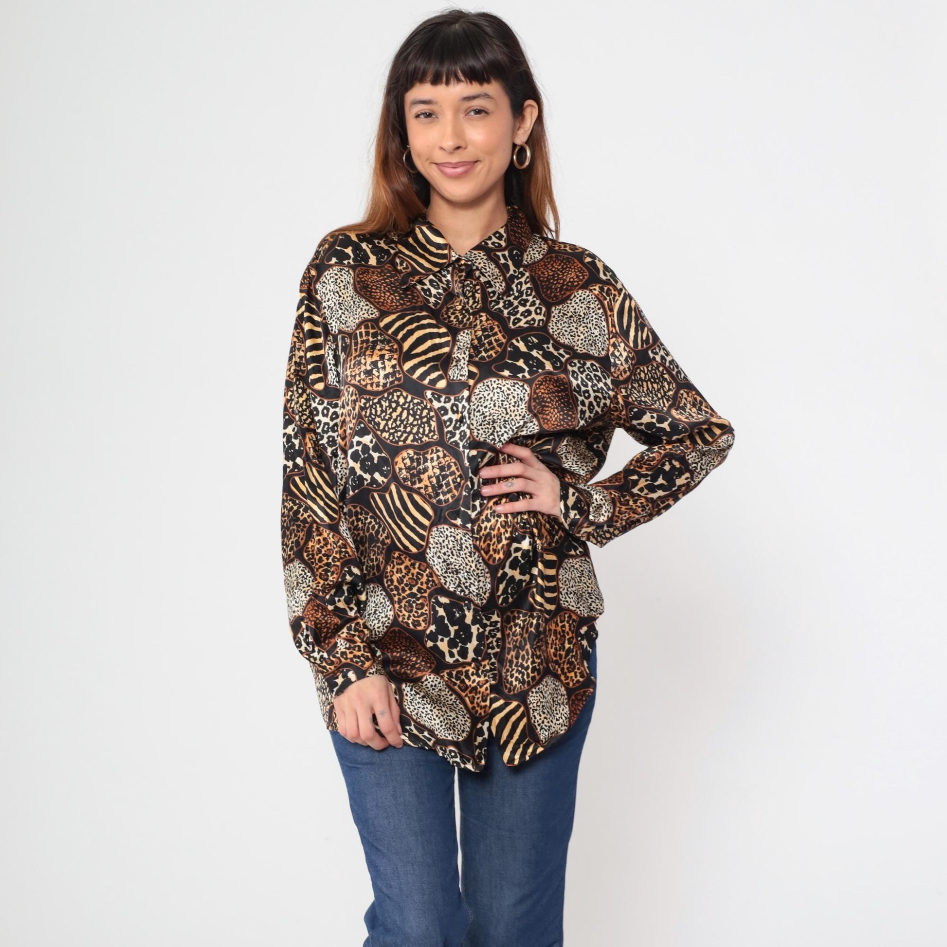 Y2K Jessica Holbrook Silk Blouse Animal Print Button Down Medium M
