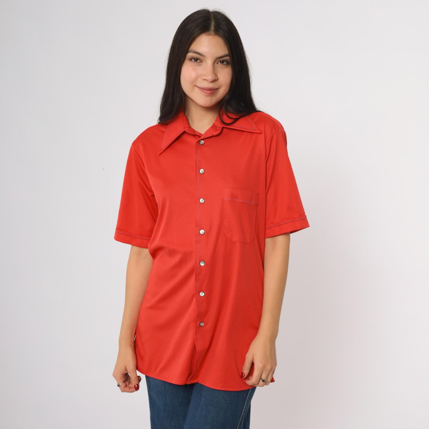 70s Arrow Button Shirt Orange-Red Short Sleeve Chest Pocket Medium M