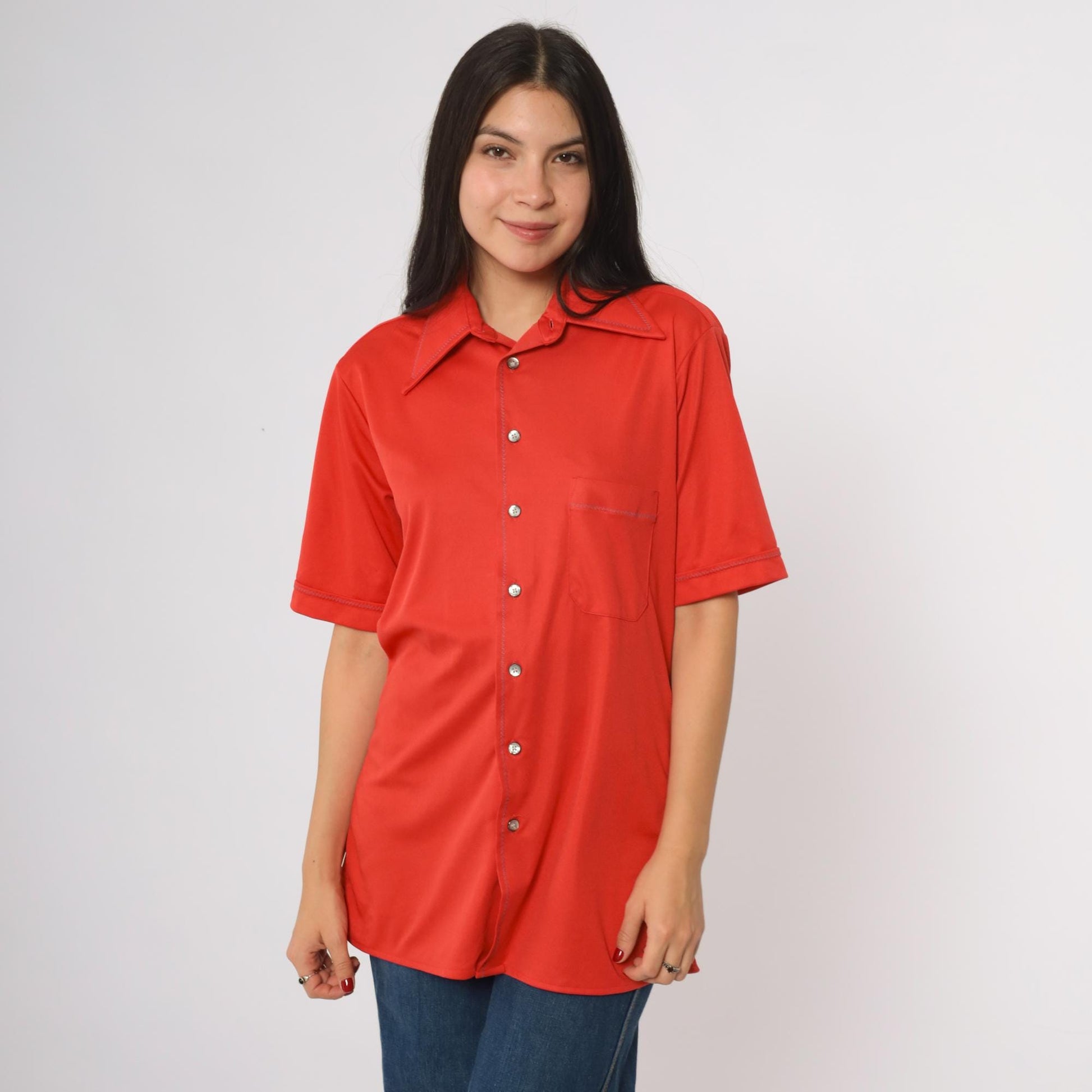70s Arrow Button Shirt Orange-Red Short Sleeve Chest Pocket Medium M