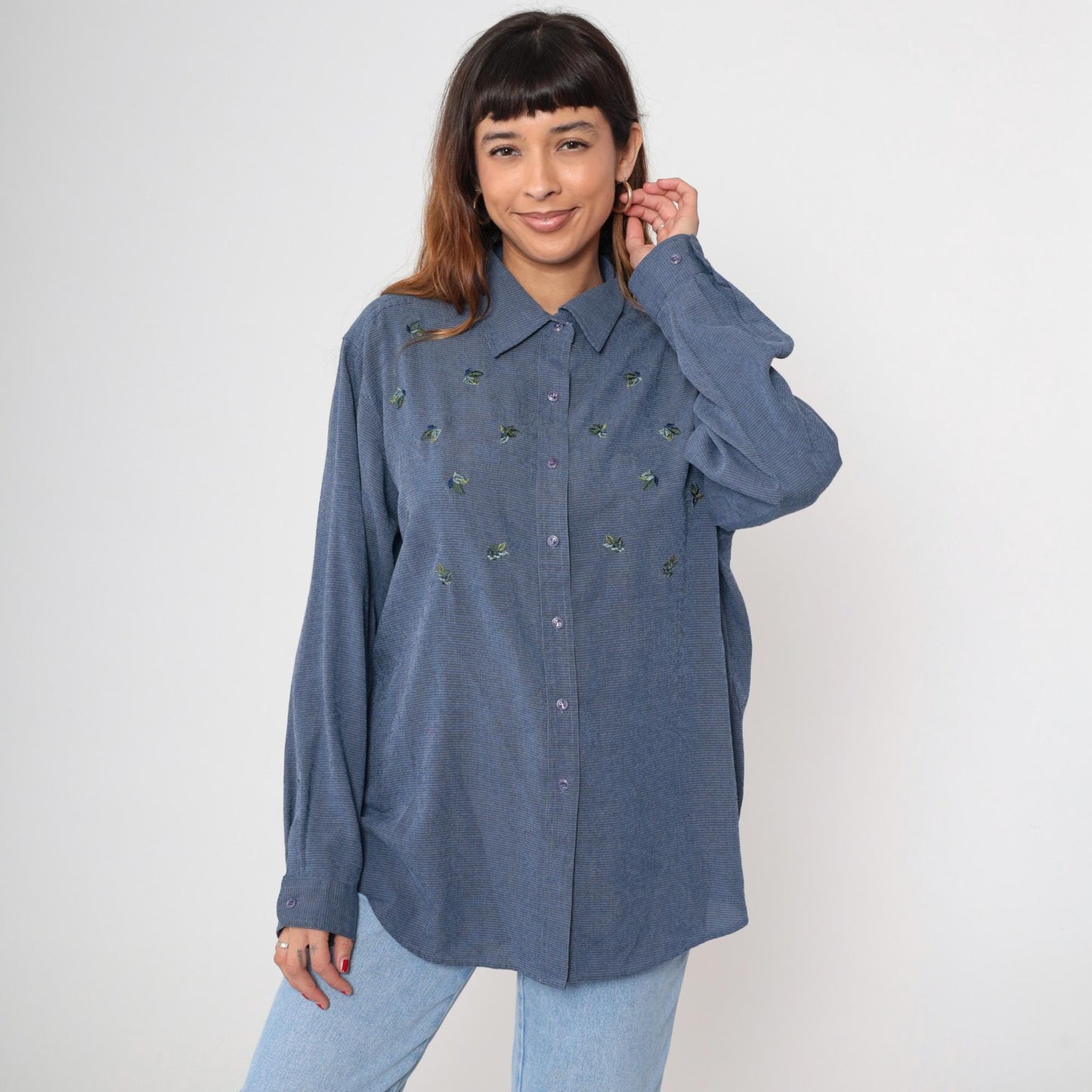 Y2K Blue Floral Button-Down Shirt Long Sleeve Pointed Collar Extra Large