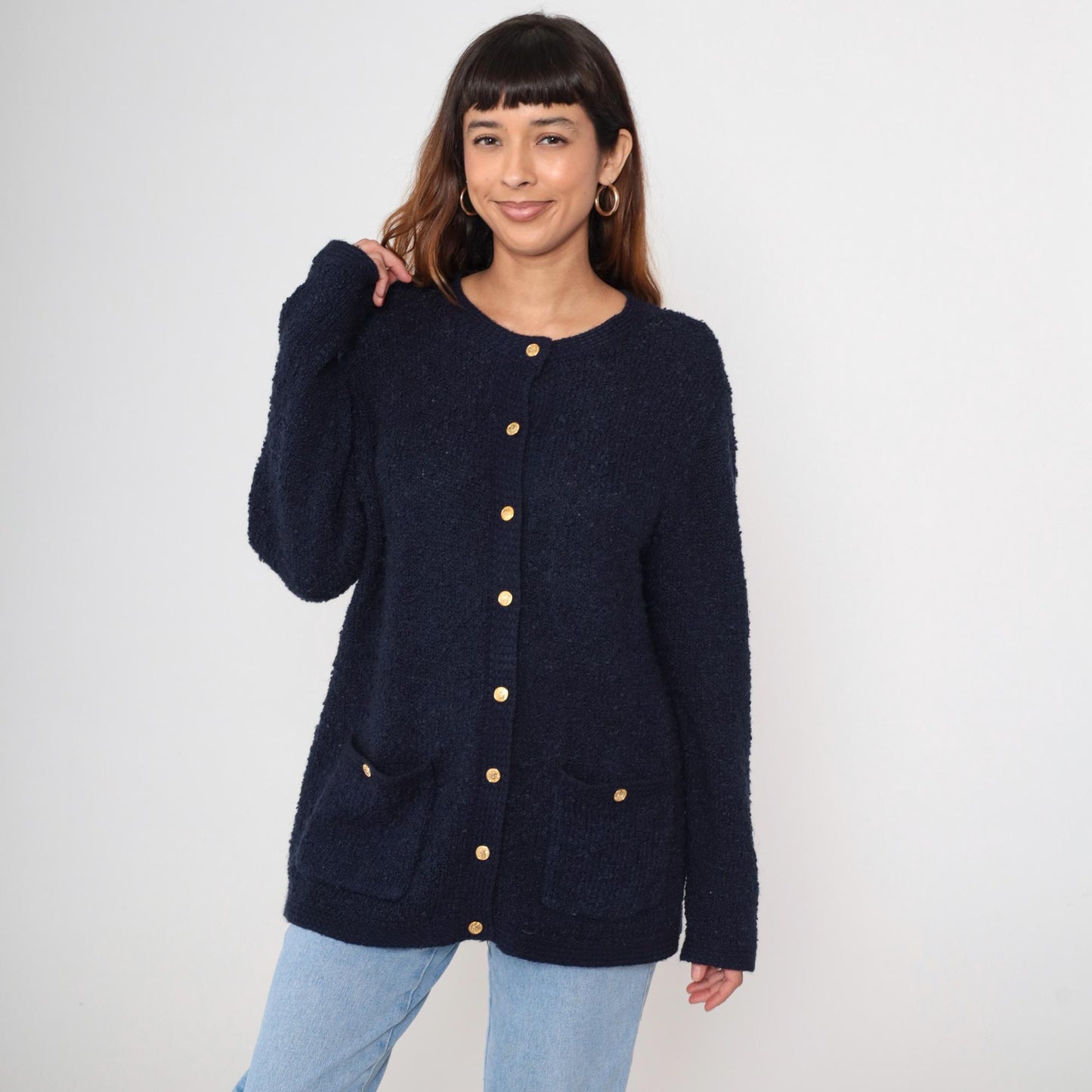 80s Blair Boutique Navy Cardigan Chunky Knit Gold Buttons Large L