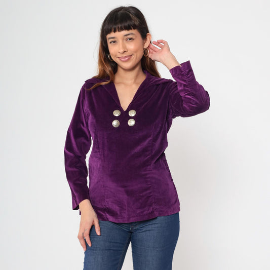 70s Purple Velvet Blouse V Neck Long Sleeve Silver Buttons Medium M