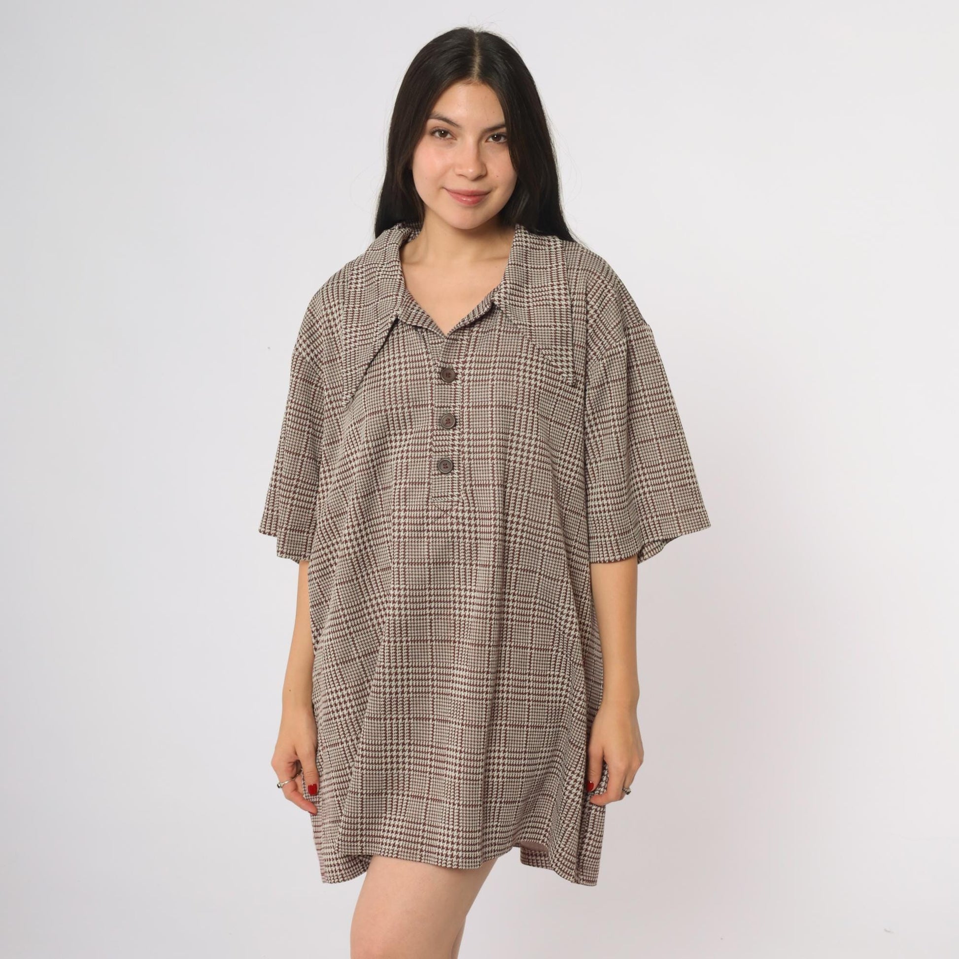 70s Houndstooth Glen Plaid Button Down Shirt Brown White Short Sleeve XXL