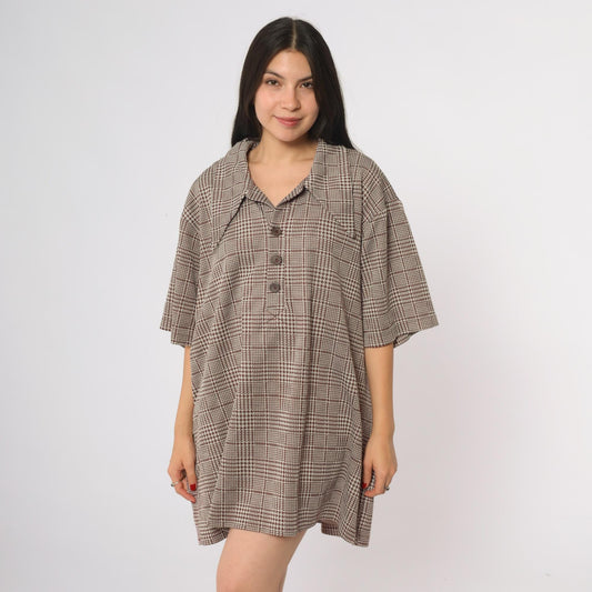 70s Houndstooth Glen Plaid Button Down Shirt Brown White Short Sleeve XXL