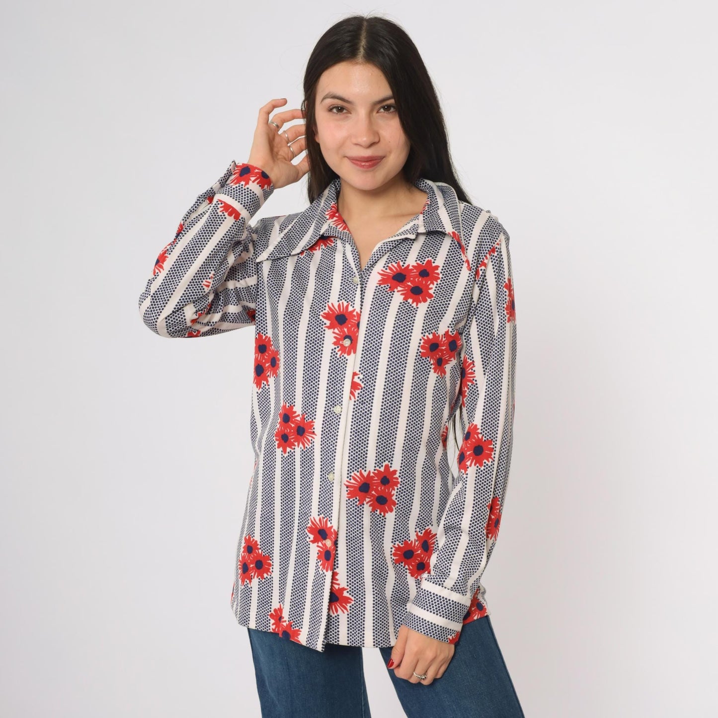 70s Shapely Floral Striped Button Down Shirt Navy Red Daisy Large L