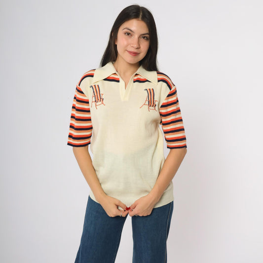 70s Sundowner Knit Polo Shirt Cream Orange Navy Striped Deck Chair Large