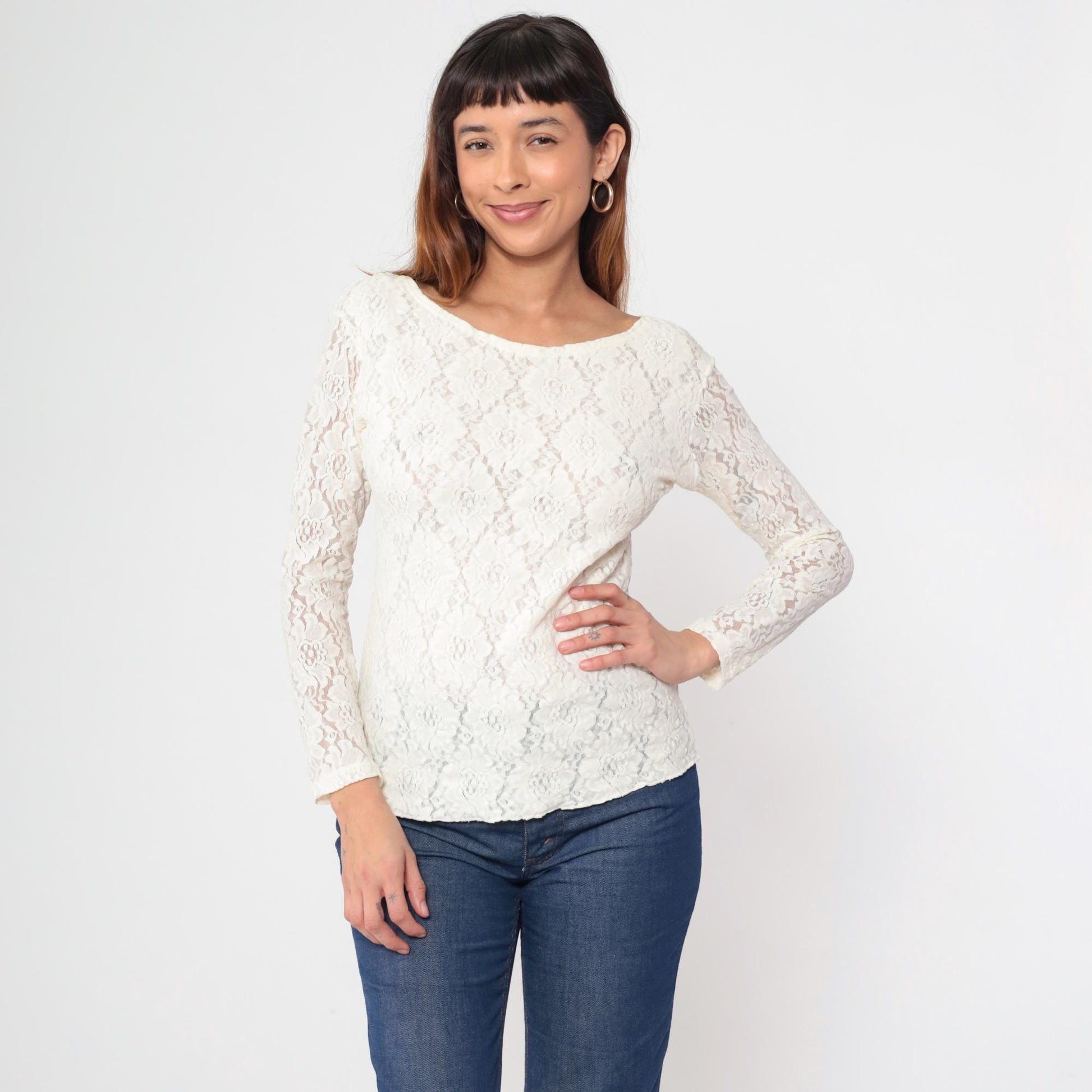 80s White Floral Lace Sheer Blouse U-Neck Long Sleeve Medium