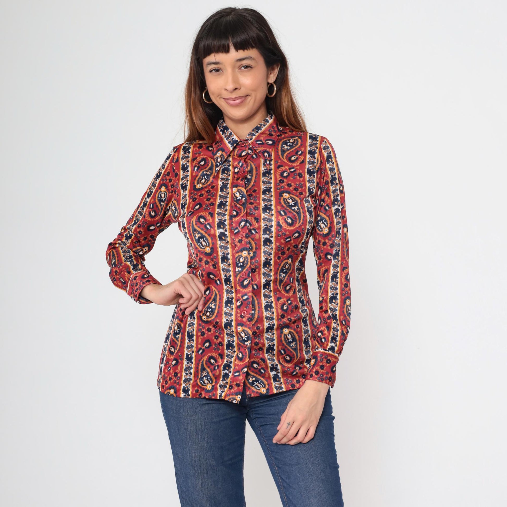70s Paisley Dagger Collar Blouse Rust Red Button Up Long Sleeve Medium