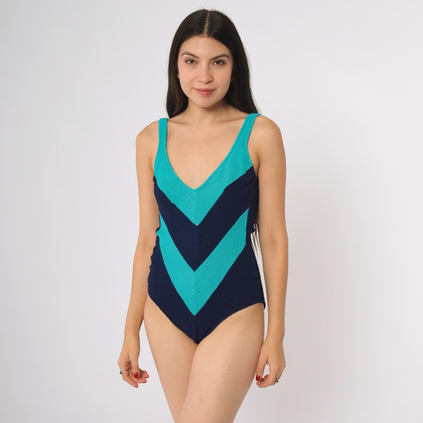90s Lee Beachwear Colorblock One Piece Swimsuit Teal Navy High Cut Medium M