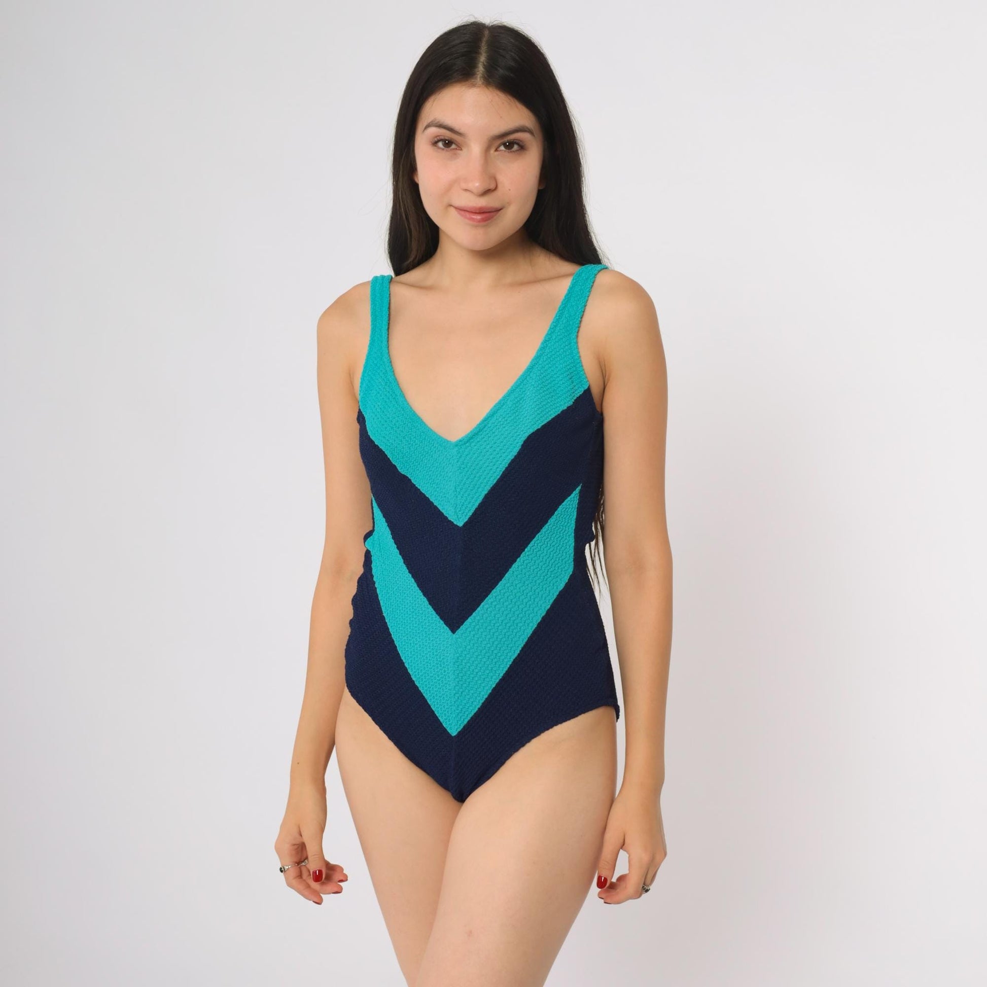 90s Lee Beachwear Colorblock One Piece Swimsuit Teal Navy High Cut Medium M