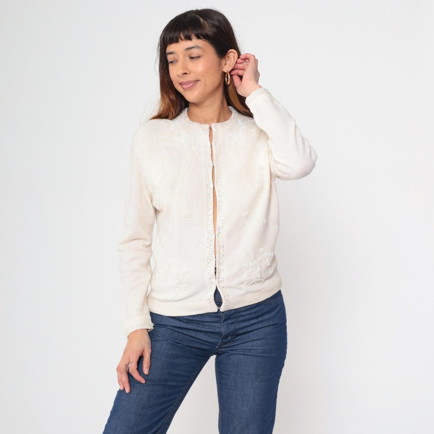 70s Cream Wool Cardigan Floral Beaded Pearl Button Sweater Small