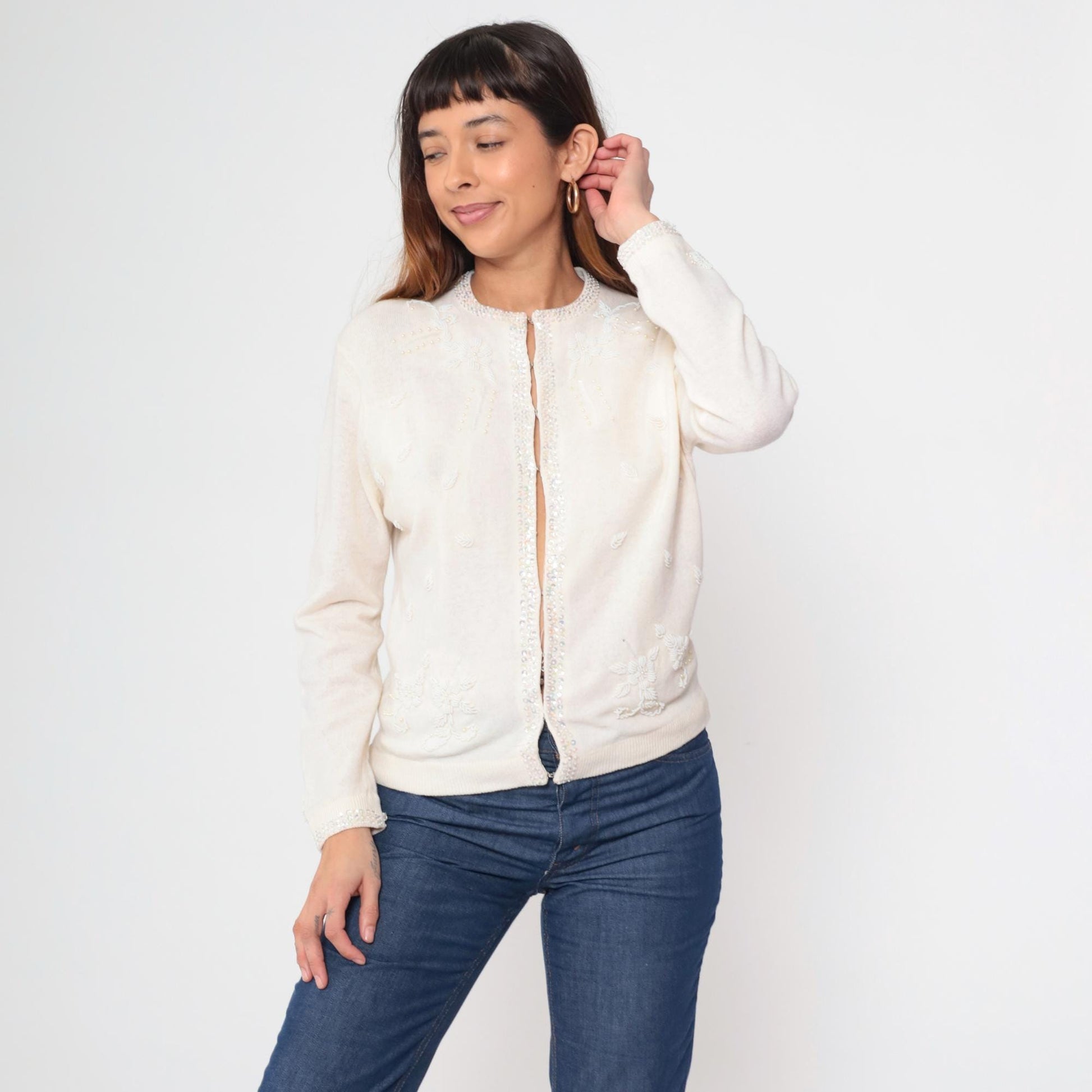 70s Cream Wool Cardigan Floral Beaded Pearl Button Sweater Small