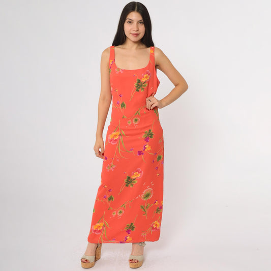 90s Coral Floral Maxi Dress Sleeveless Square Neck Tie Back Large