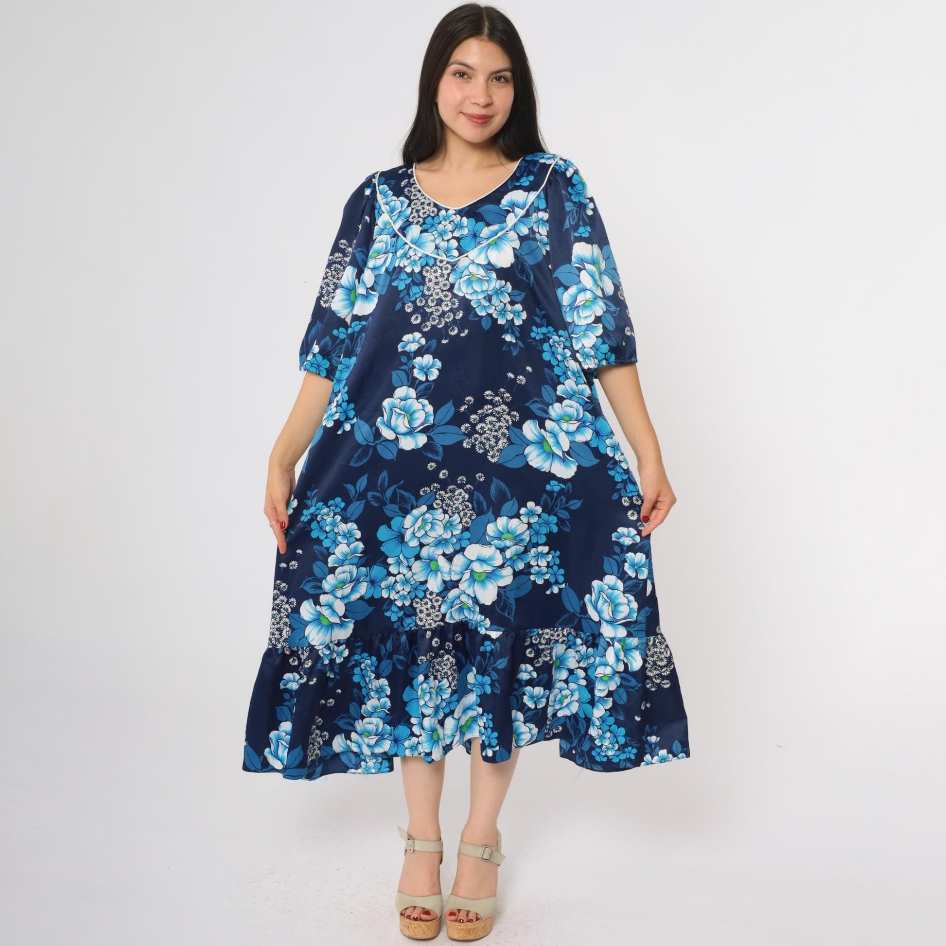 80s Hawaiian Navy Floral Dress Ruffle Hem Short Sleeve Pullover Extra Large XL