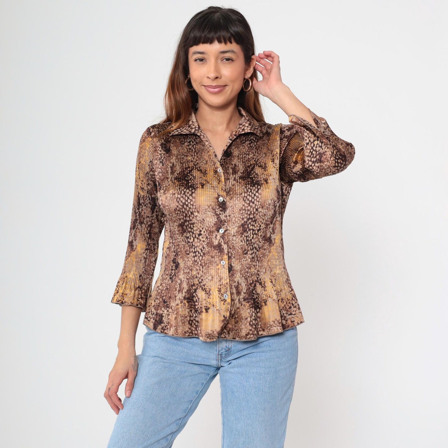 Y2K Jaclyn Smith Snake Print Blouse Brown Python Bell Sleeve Small S