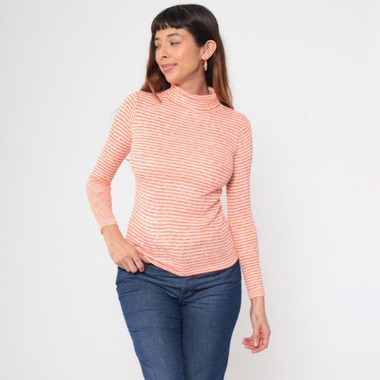 70s Orange White Striped Turtleneck Mock Neck Ribbed Knit Small S