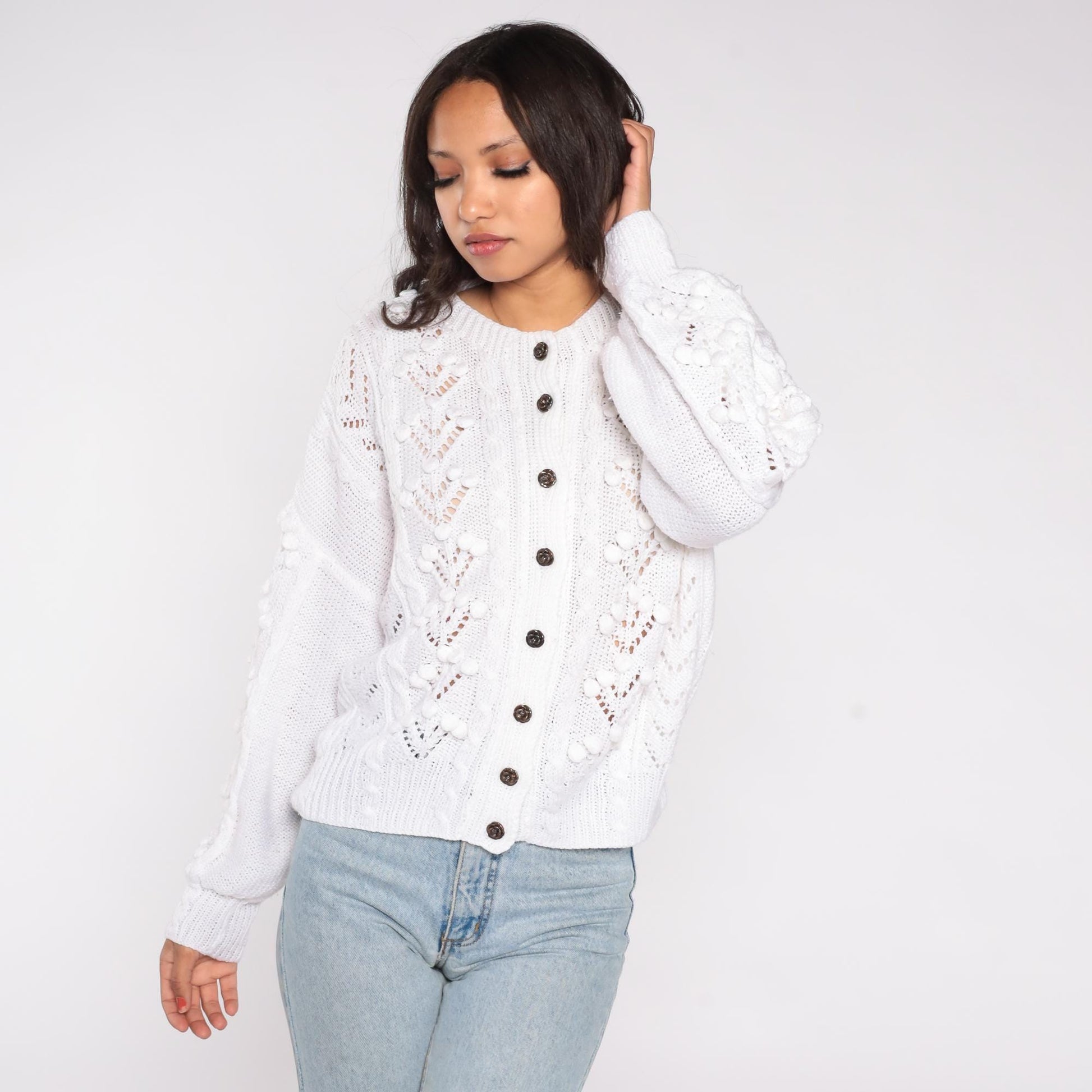 80s White Eyelet Crochet Cardigan Button-Front Scalloped Lace Large L
