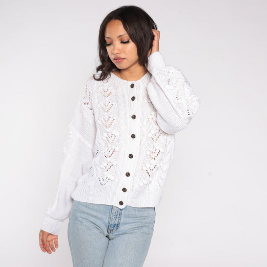 80s White Eyelet Crochet Cardigan Button-Front Scalloped Lace Large L