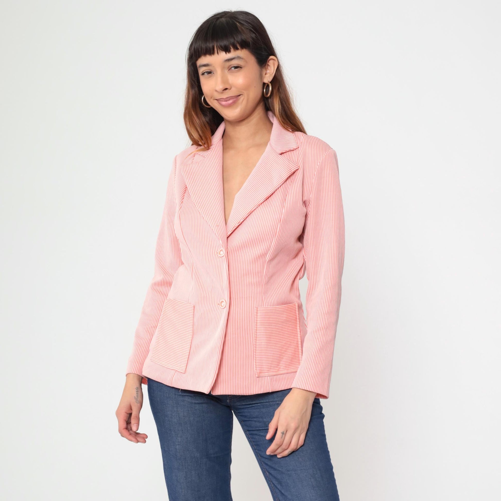 70s Pink White Pinstripe Blazer Button Front Notched Lapel Medium M