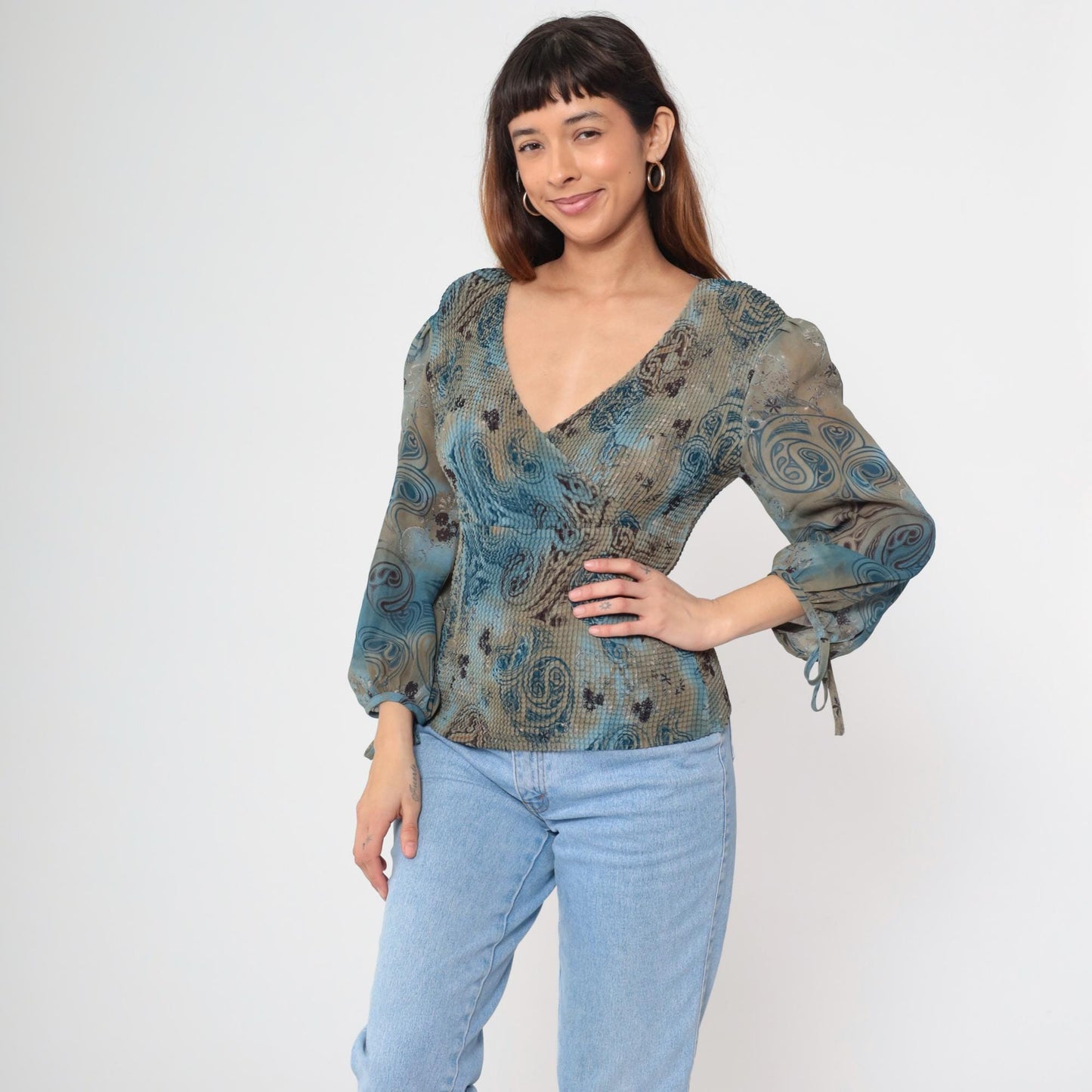 Y2K Nicola Paisley Wrap Top Blue Mixed Print Tie Sleeve Medium M