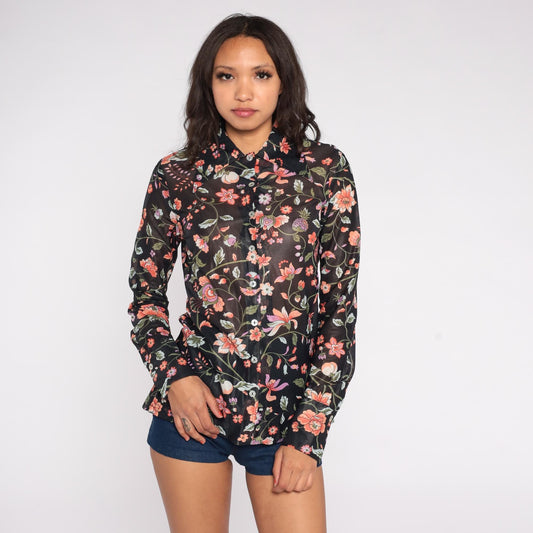 70s Rina California Black Floral Blouse Long Sleeve Botanical Print Small