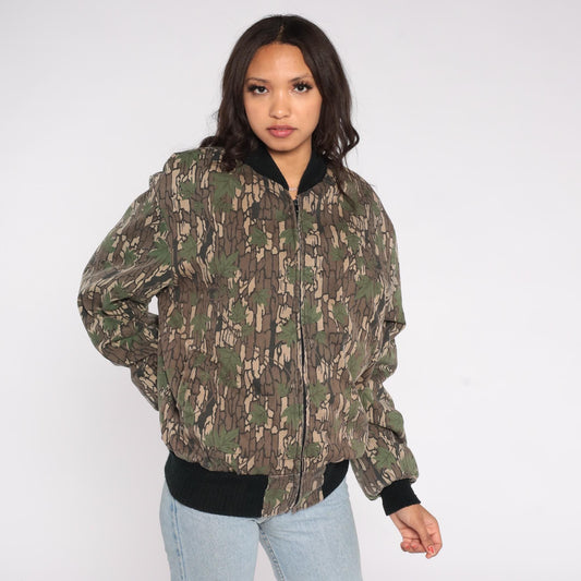 90s Camo Bomber Jacket Bark Tree Leaf Print Quilted Lined Medium