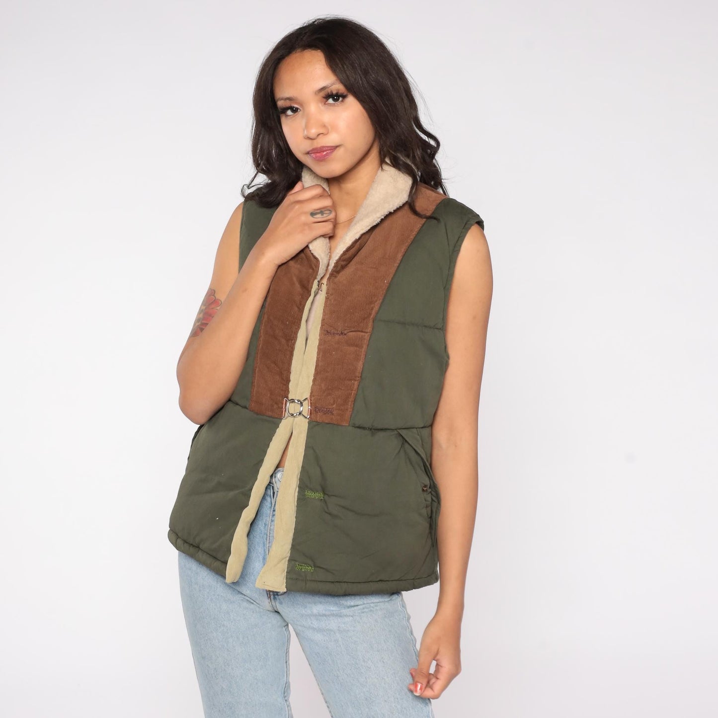 Y2K Olive Green Puffer Vest Corduroy Trim Sherpa Collar Medium M