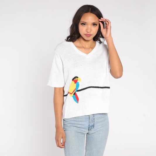 80s Country Suburbans Parrot Sweater White V-Neck Knit Extra Large XL