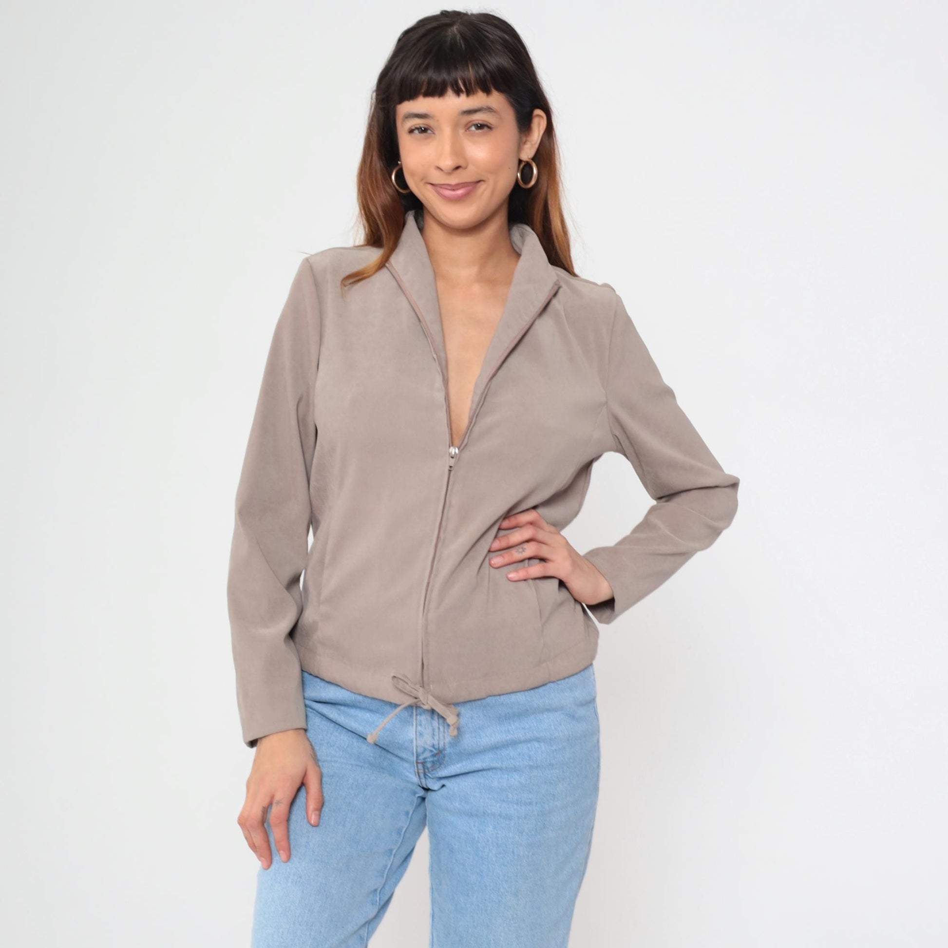 90s Clio Taupe Zip-Up Mock Neck Jacket Medium