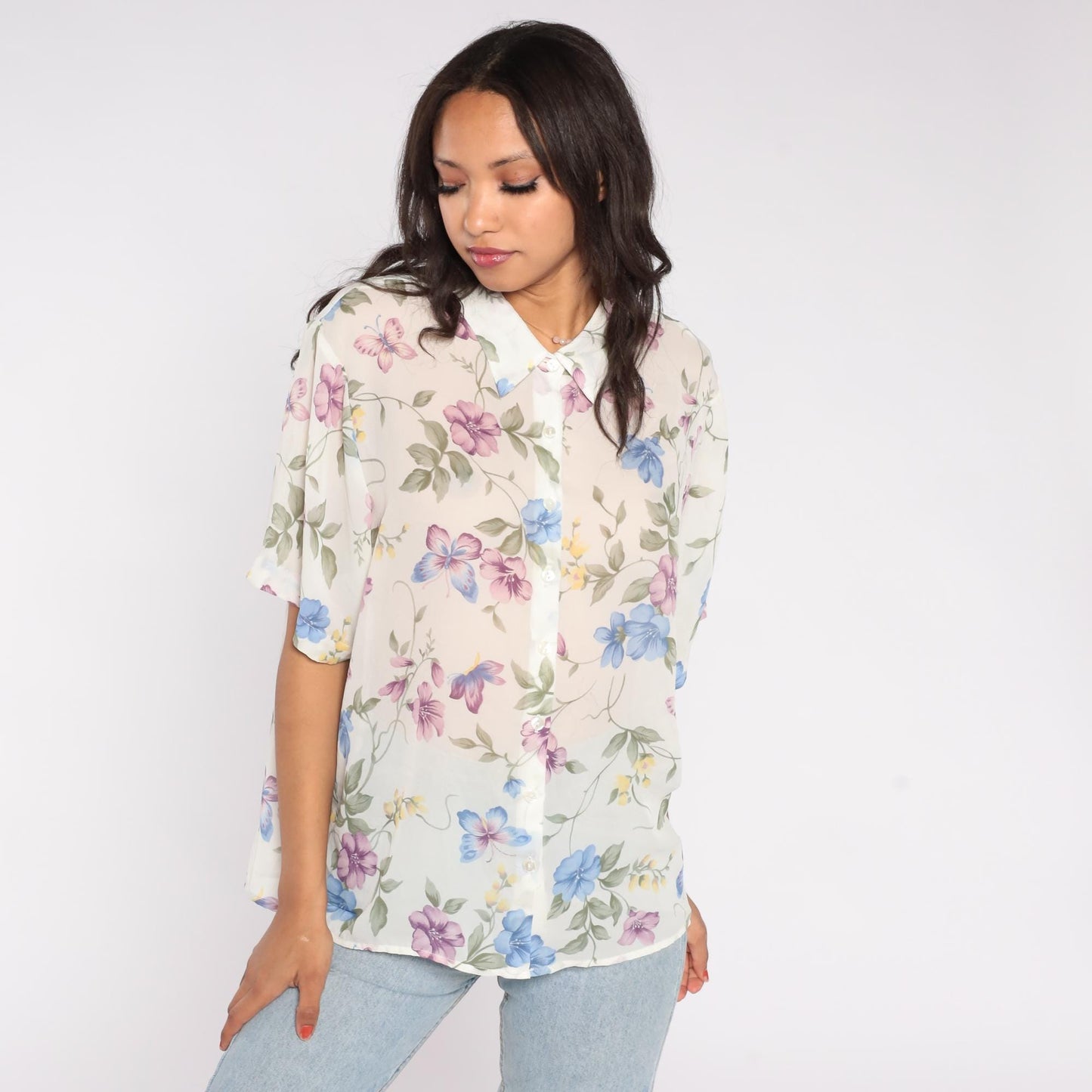 90s Bonworth Floral Button Down Blouse Cream Purple Blue Large Petite