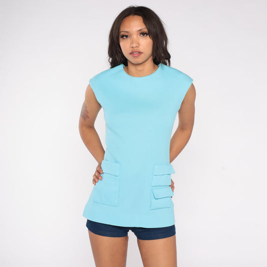 70s Mod Aqua Blue Sleeveless Tunic Mini Shift Dress Cap Sleeve Small S