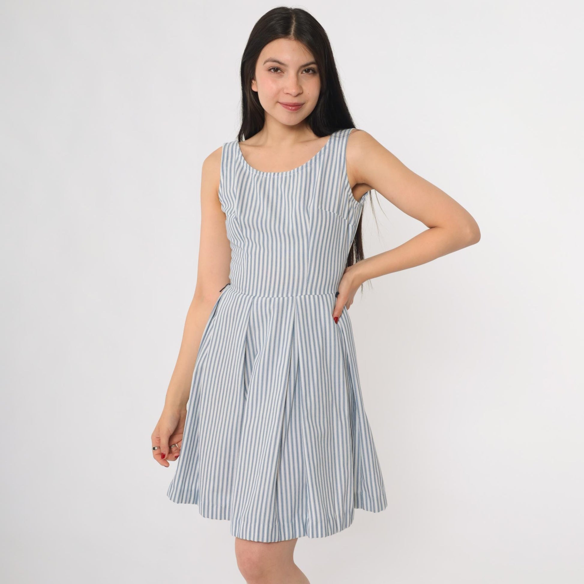 60s Blue White Striped Seersucker Sundress Sleeveless A-Line Scoop Neck Extra Small