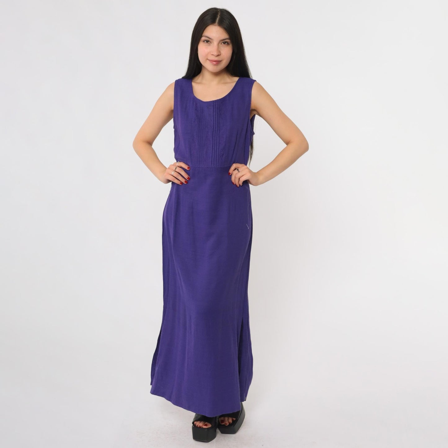 90s Karin Stevens Purple Maxi Dress Embroidered Sleeveless Large L