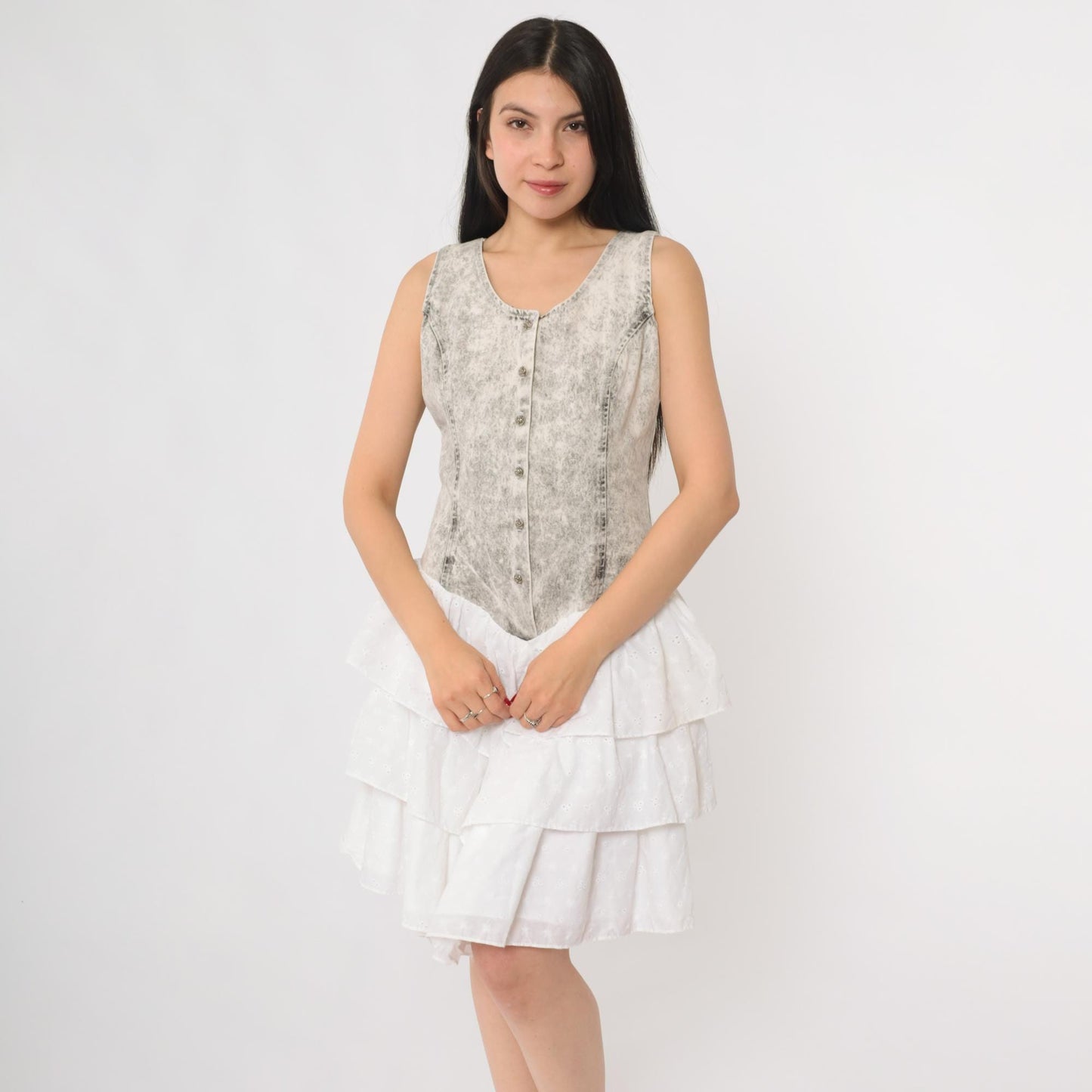 90s Acid Wash Basque Waist Mini Dress White Ruffle Button Front Small S