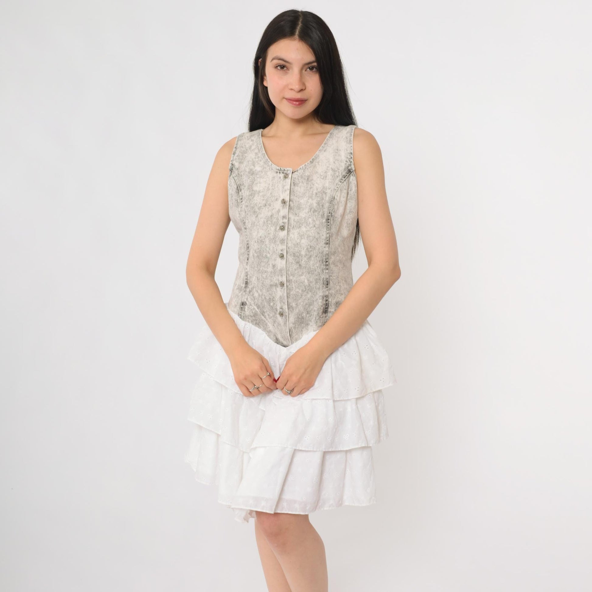 90s Acid Wash Basque Waist Mini Dress White Ruffle Button Front Small S
