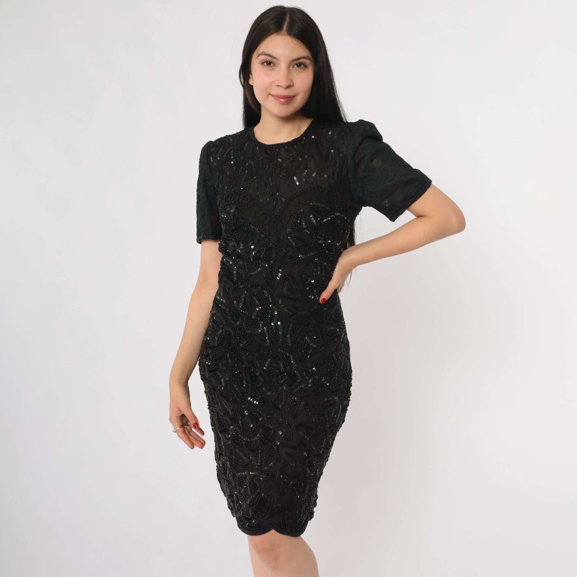 90s Silky Nites New York Black Silk Sequin Beaded Cocktail Dress Small