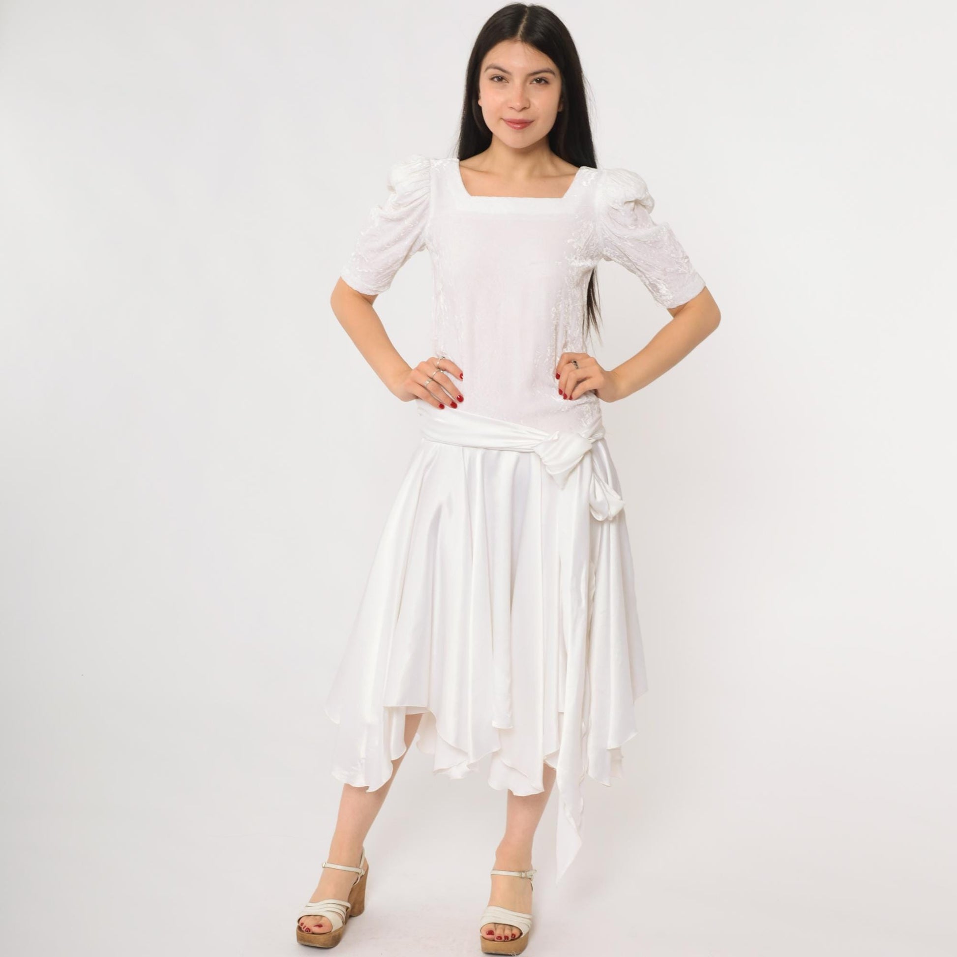 80s White Puff Sleeve Dress Square Neck Wrap Bodice Handkerchief Hem Extra Small XS