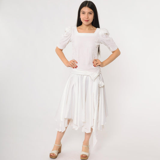 80s White Puff Sleeve Dress Square Neck Wrap Bodice Handkerchief Hem Extra Small XS