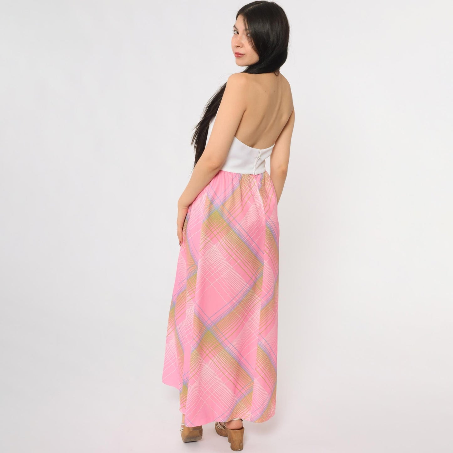 70s Colorblock Halter Maxi Dress Pink Plaid Turtleneck Open Back Small