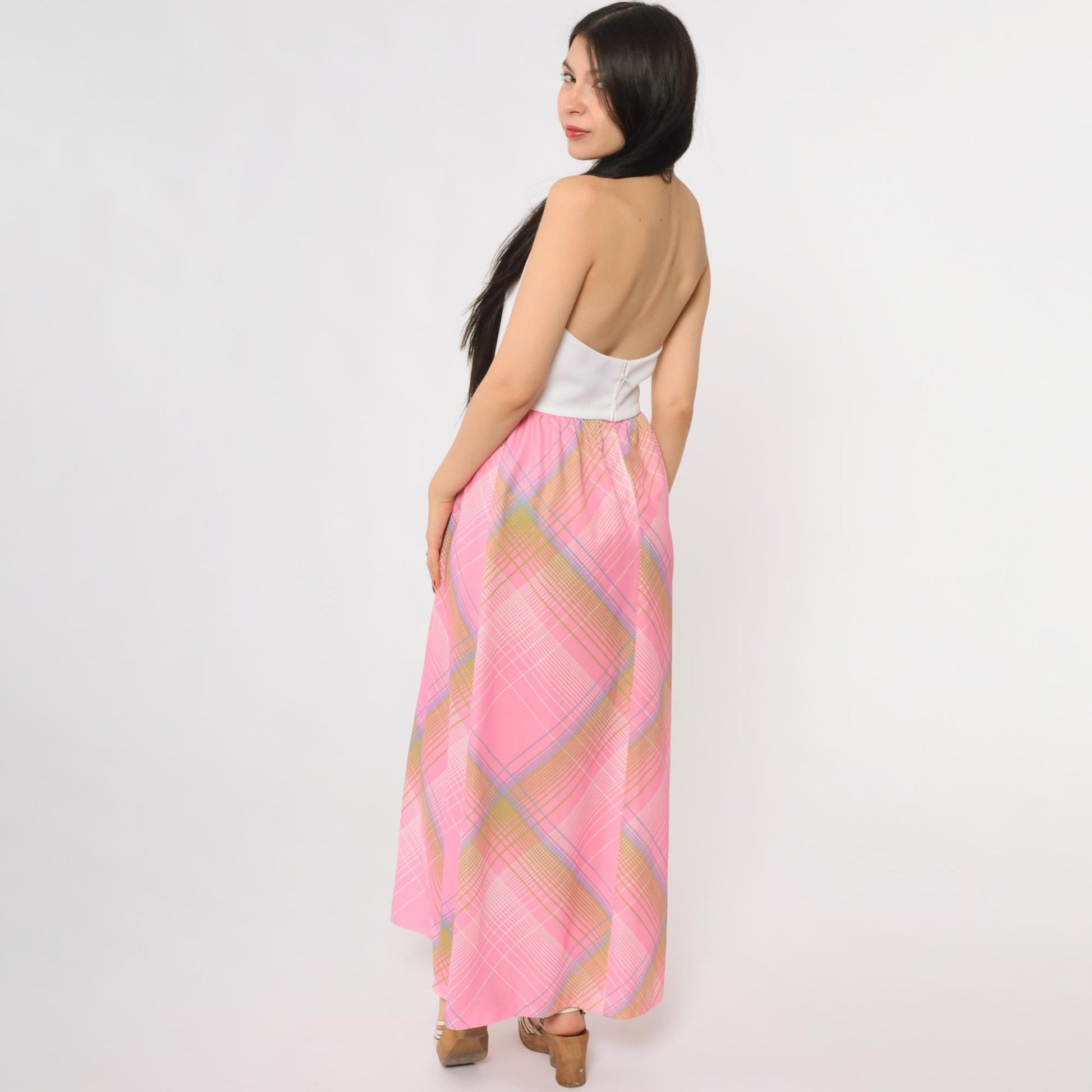 70s Colorblock Halter Maxi Dress Pink Plaid Turtleneck Open Back Small