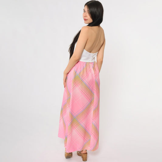 70s Colorblock Halter Maxi Dress Pink Plaid Turtleneck Open Back Small